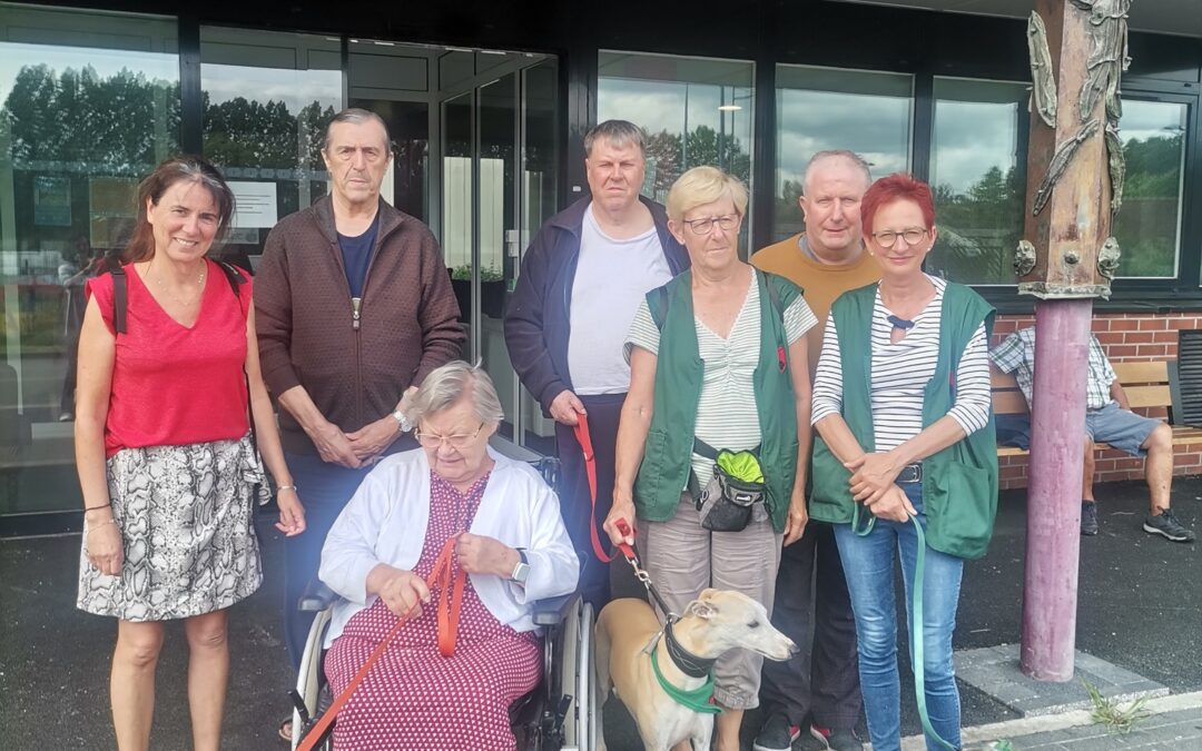 Promenade dans le village avec les chiens des bénévoles du cœur sur la patte cet après-midi à la résidence Les Godenettes